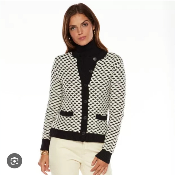 Chaps Womens Black and White Knit Button Up Cardigan Sweater Preppy Old Money M - Picture 1 of 13